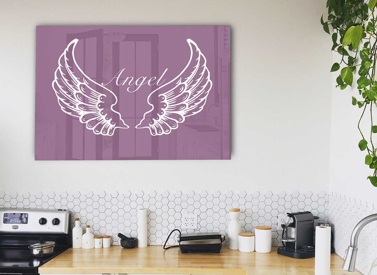 Angel Wings Dusty Pink glass print featuring elegant wings in soft pink tones, perfect for modern home decor.