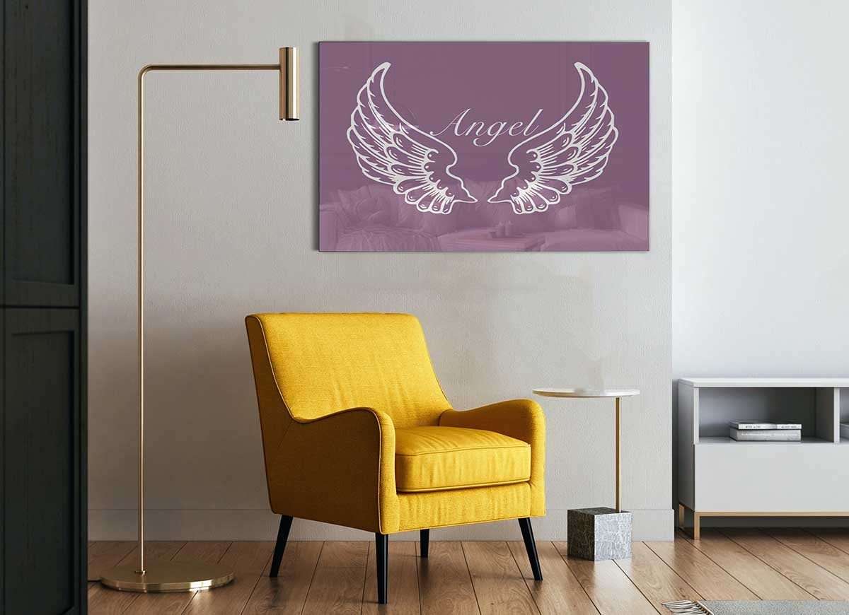 Angel Wings Dusty Pink glass print featuring elegant wings in soft pink tones, perfect for modern home decor.