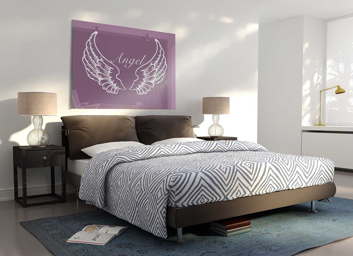 Angel Wings Dusty Pink glass print featuring elegant wings in soft pink tones, perfect for modern home decor.