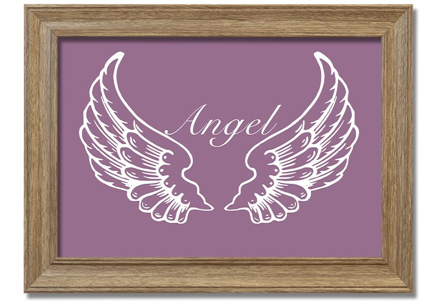 A beautifully framed print of angel wings in dusty pink, showcasing elegant design and craftsmanship.