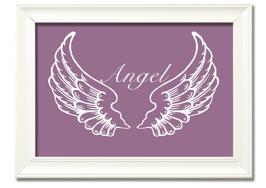 A beautifully framed print of angel wings in dusty pink, showcasing elegant design and craftsmanship.