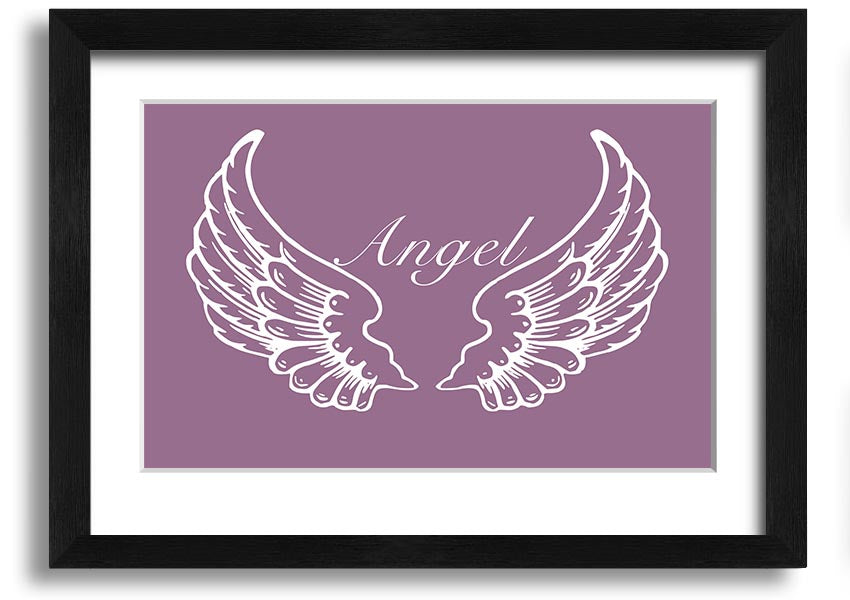 A beautifully framed print of angel wings in dusty pink, showcasing elegant design and craftsmanship.