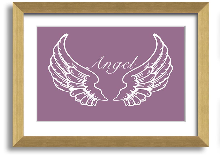 A beautifully framed print of angel wings in dusty pink, showcasing elegant design and craftsmanship.