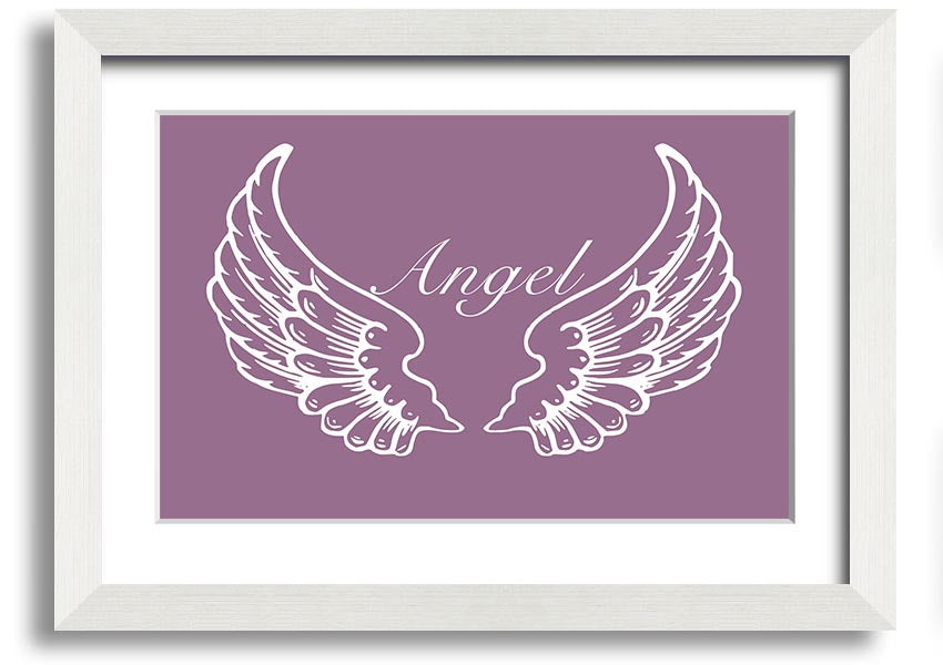 A beautifully framed print of angel wings in dusty pink, showcasing elegant design and craftsmanship.