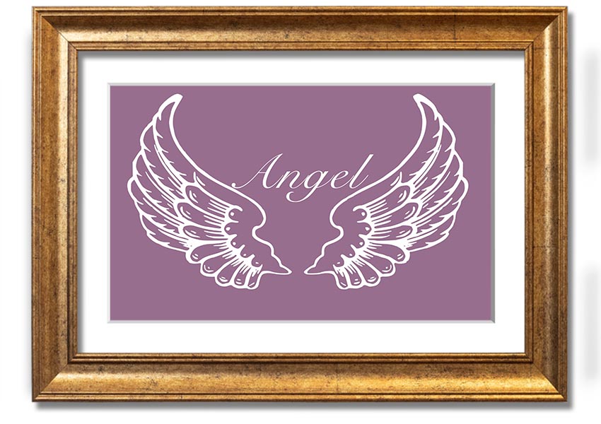 A beautifully framed print of angel wings in dusty pink, showcasing elegant design and craftsmanship.