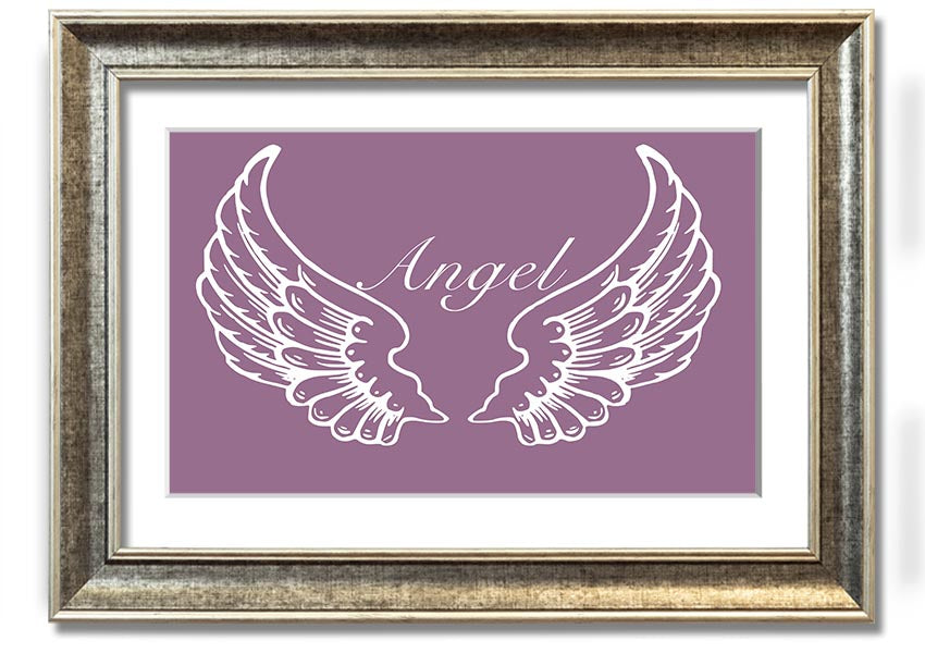 A beautifully framed print of angel wings in dusty pink, showcasing elegant design and craftsmanship.