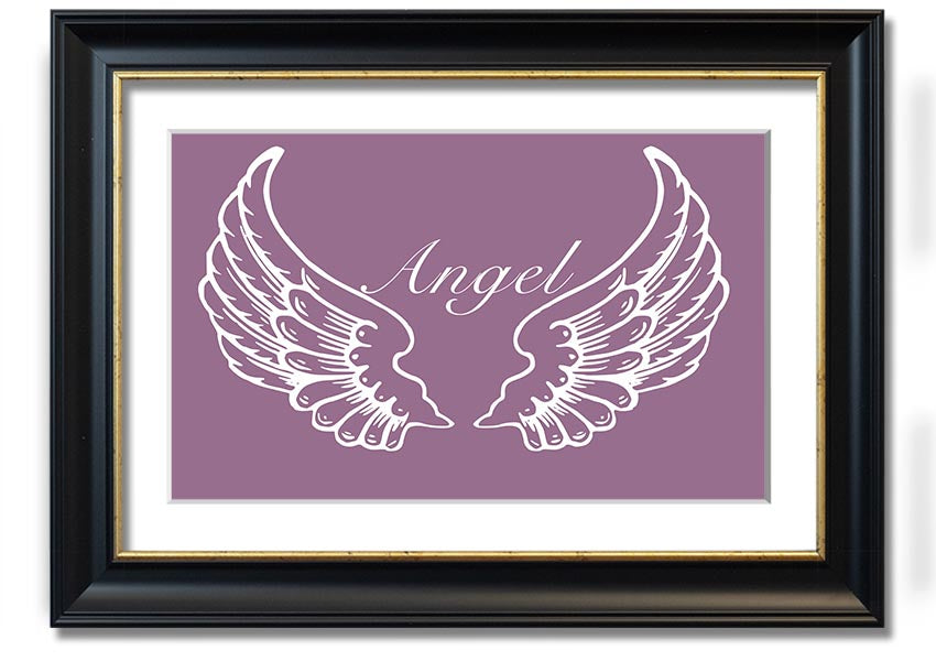 A beautifully framed print of angel wings in dusty pink, showcasing elegant design and craftsmanship.