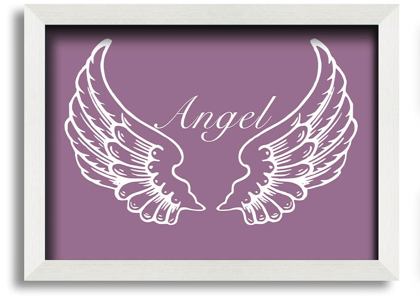 A beautifully framed print of angel wings in dusty pink, showcasing elegant design and craftsmanship.