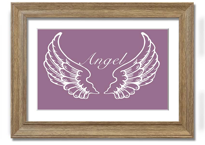 A beautifully framed print of angel wings in dusty pink, showcasing elegant design and craftsmanship.