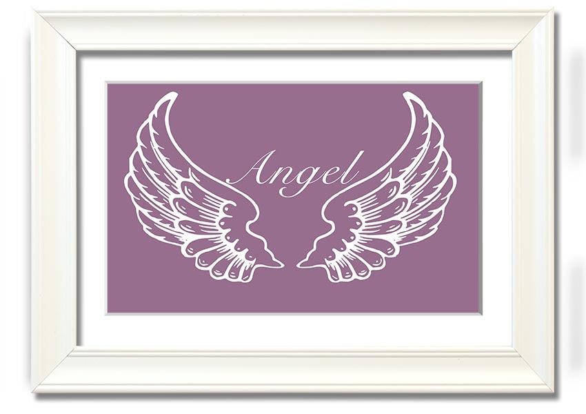 A beautifully framed print of angel wings in dusty pink, showcasing elegant design and craftsmanship.