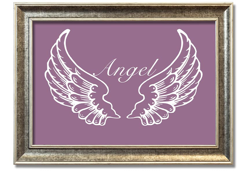 A beautifully framed print of angel wings in dusty pink, showcasing elegant design and craftsmanship.