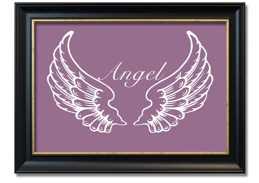 A beautifully framed print of angel wings in dusty pink, showcasing elegant design and craftsmanship.