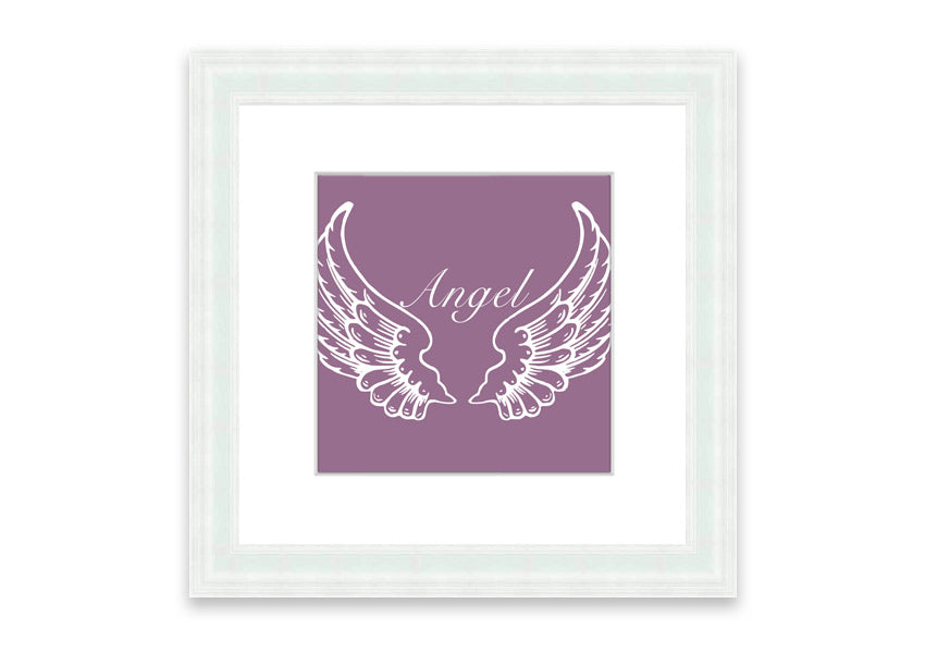 Framed print of delicate angel wings in dusty pink, showcasing elegant design and craftsmanship.