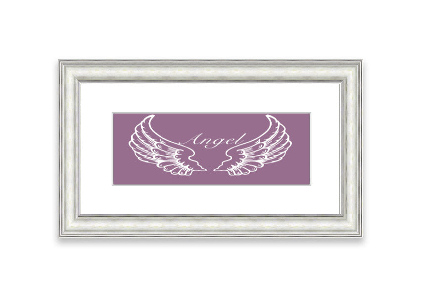 Framed print of delicate angel wings in dusty pink, showcasing elegant design and craftsmanship.