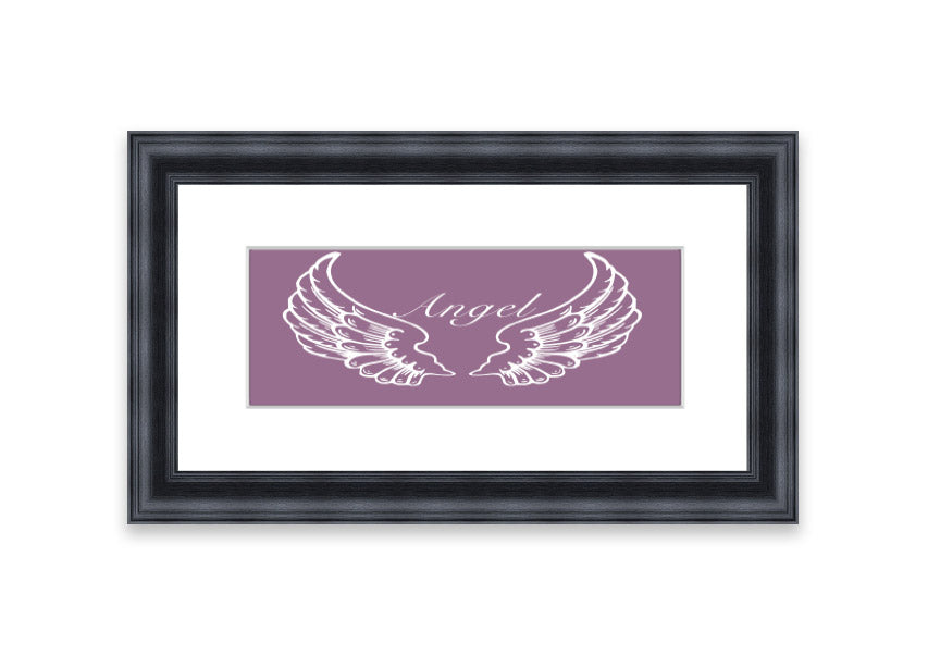 Framed print of delicate angel wings in dusty pink, showcasing elegant design and craftsmanship.