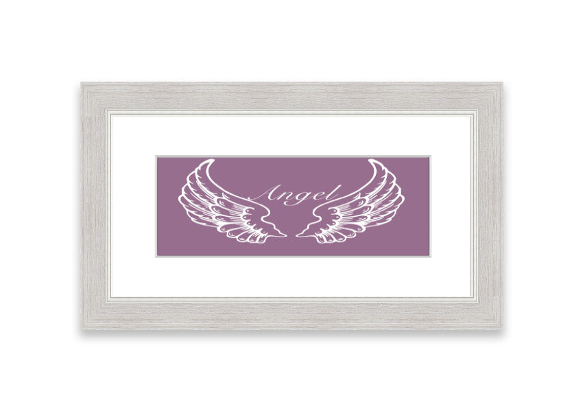 Framed print of delicate angel wings in dusty pink, showcasing elegant design and craftsmanship.