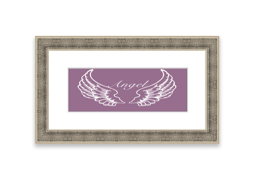 Framed print of delicate angel wings in dusty pink, showcasing elegant design and craftsmanship.