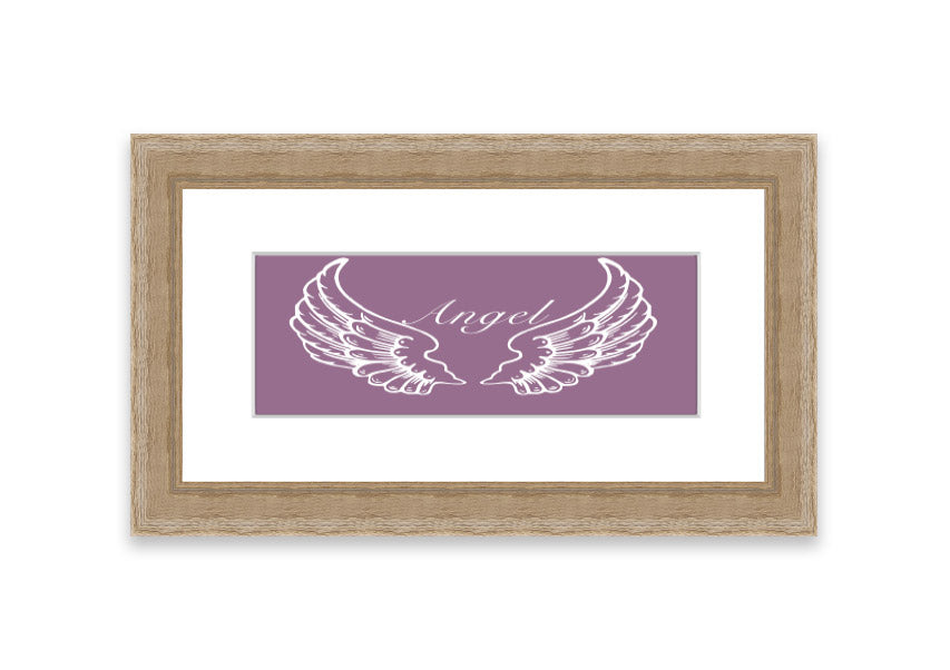 Framed print of delicate angel wings in dusty pink, showcasing elegant design and craftsmanship.