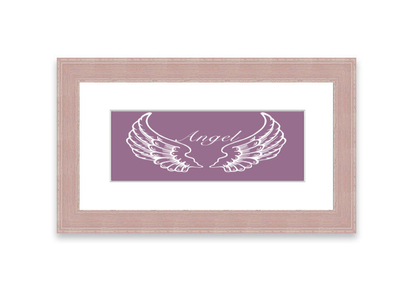 Framed print of delicate angel wings in dusty pink, showcasing elegant design and craftsmanship.