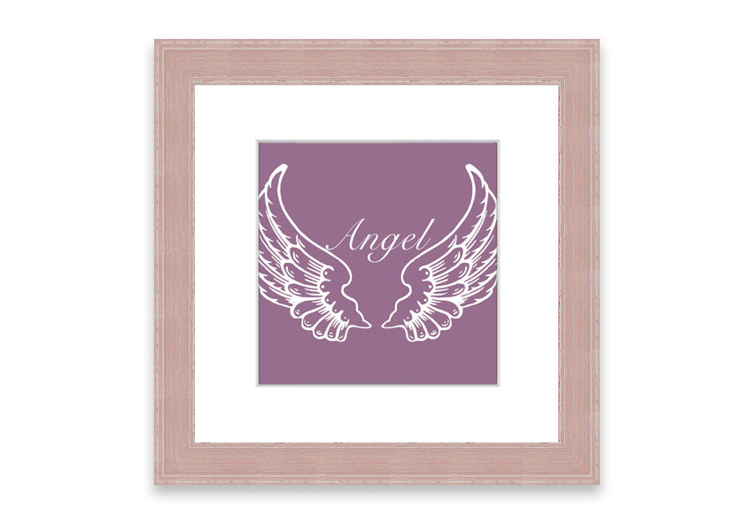 Framed print of delicate angel wings in dusty pink, showcasing elegant design and craftsmanship.