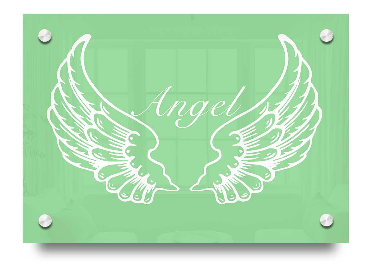 Angel Wings Green acrylic print on 5mm thick acrylic glass, showcasing vibrant colors and intricate design, ready to hang on the wall.