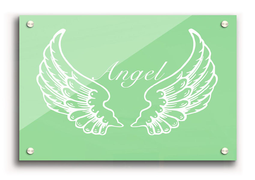 Angel Wings Green acrylic print on 5mm thick acrylic glass, showcasing vibrant colors and intricate design, ready to hang on the wall.