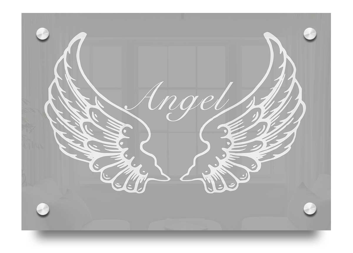 Angel Wings Grey White acrylic print on 5mm thick glass, showcasing a beautiful design.