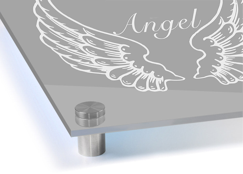 Angel Wings Grey White acrylic print on 5mm thick glass, showcasing a beautiful design.