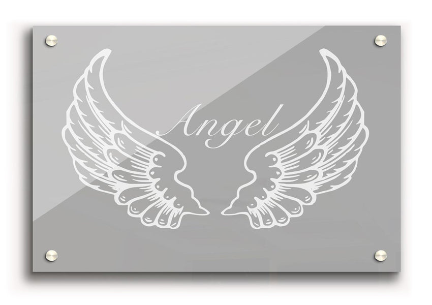 Angel Wings Grey White acrylic print on 5mm thick glass, showcasing a beautiful design.