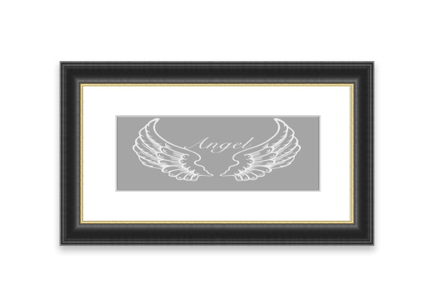 Framed print of angel wings in grey and white, elegantly designed and ready to hang.