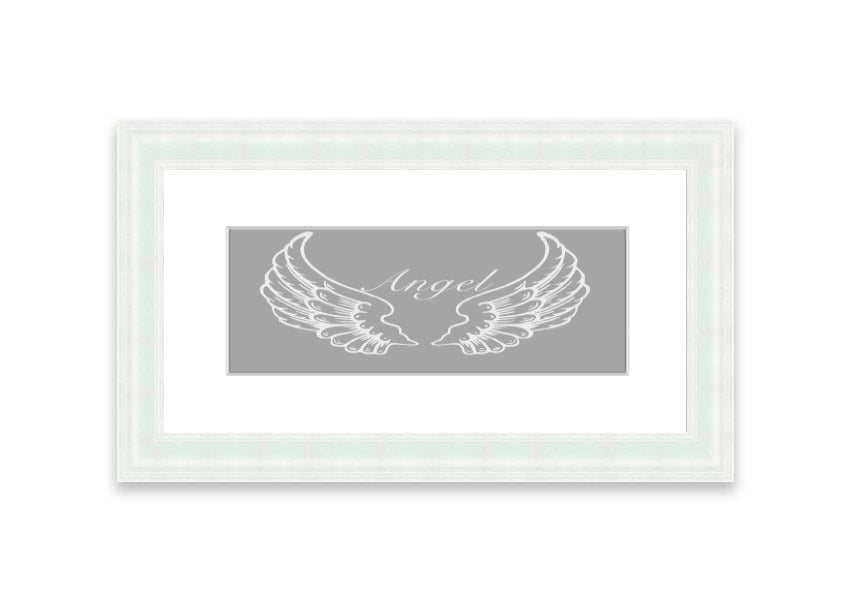 Framed print of angel wings in grey and white, elegantly designed and ready to hang.