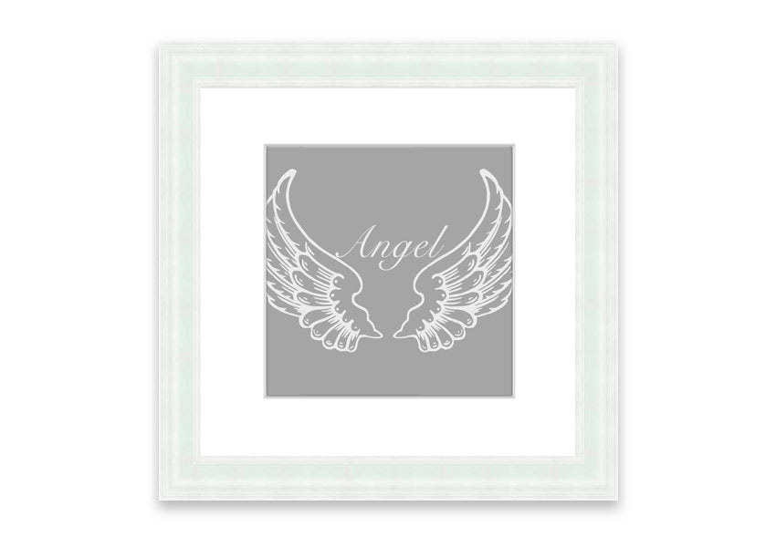 Framed print of angel wings in grey and white, elegantly designed and ready to hang.