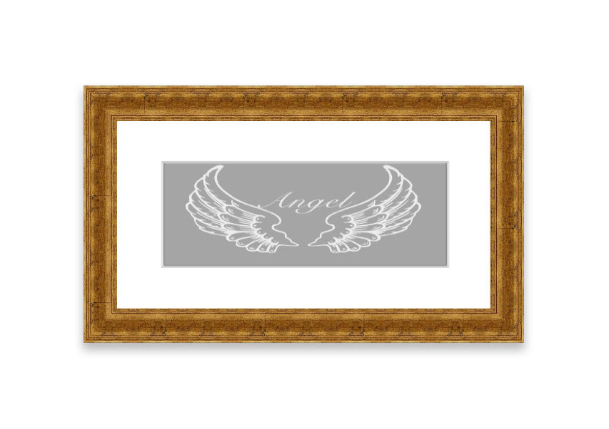 Framed print of angel wings in grey and white, elegantly designed and ready to hang.