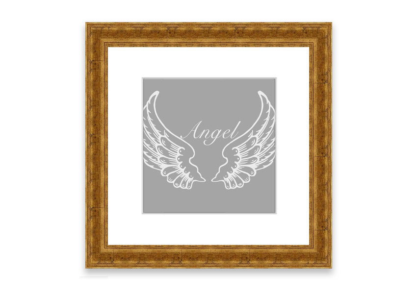 Framed print of angel wings in grey and white, elegantly designed and ready to hang.