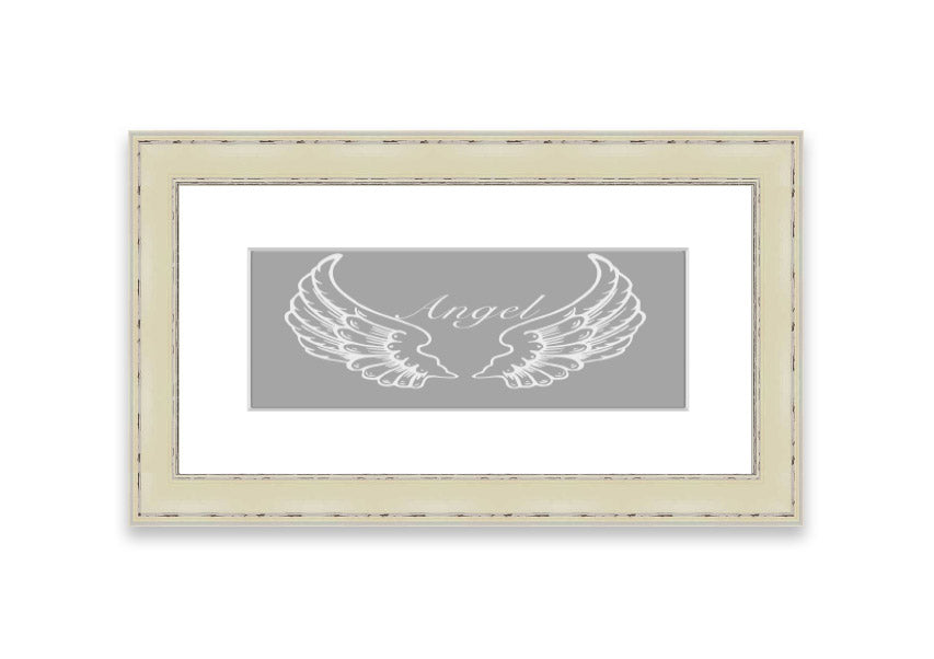 Framed print of angel wings in grey and white, elegantly designed and ready to hang.