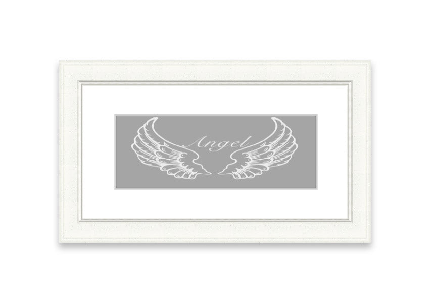 Framed print of angel wings in grey and white, elegantly designed and ready to hang.