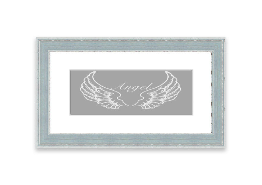 Framed print of angel wings in grey and white, elegantly designed and ready to hang.