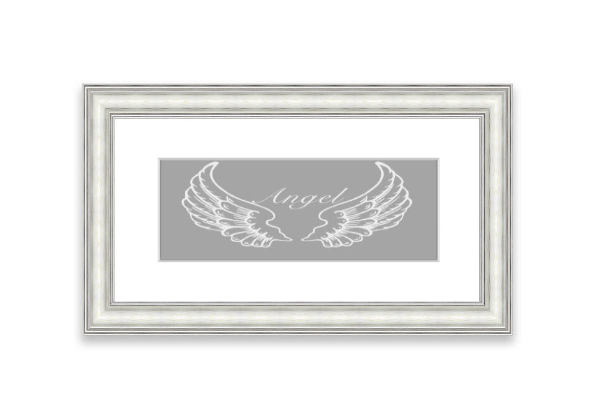 Framed print of angel wings in grey and white, elegantly designed and ready to hang.