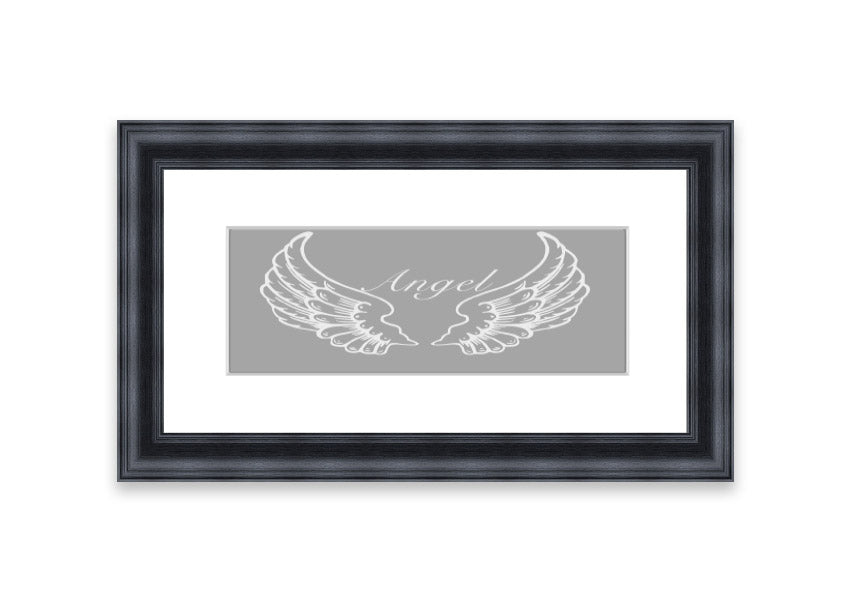 Framed print of angel wings in grey and white, elegantly designed and ready to hang.