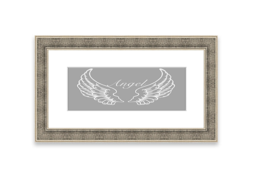 Framed print of angel wings in grey and white, elegantly designed and ready to hang.