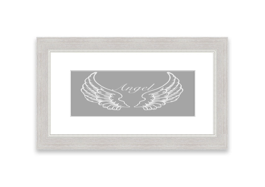 Framed print of angel wings in grey and white, elegantly designed and ready to hang.