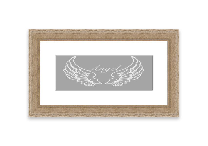 Framed print of angel wings in grey and white, elegantly designed and ready to hang.