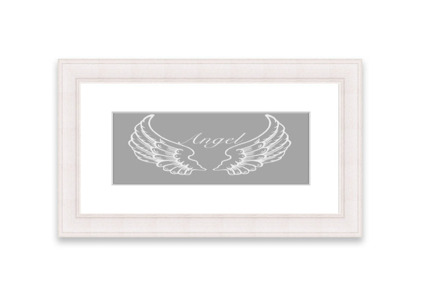 Framed print of angel wings in grey and white, elegantly designed and ready to hang.