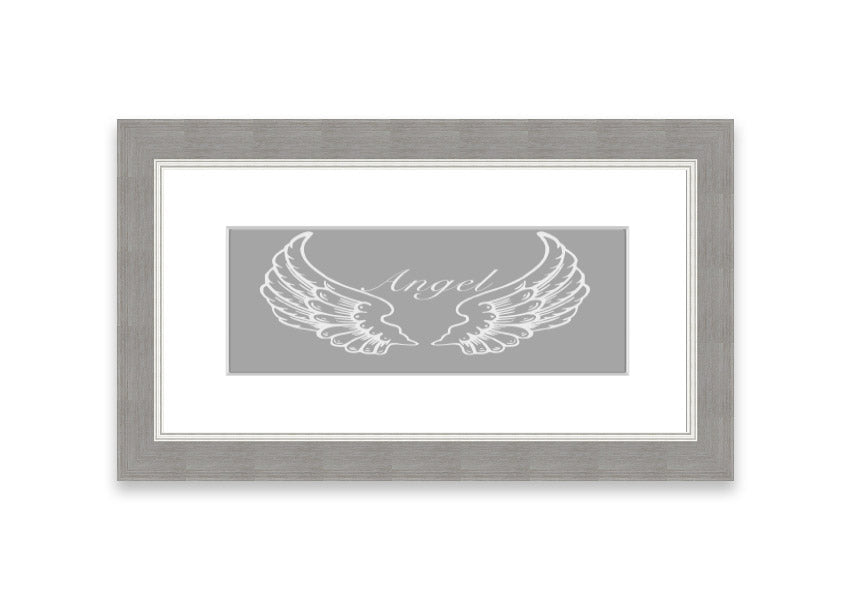 Framed print of angel wings in grey and white, elegantly designed and ready to hang.