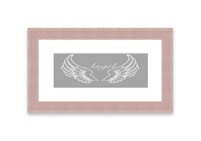 Framed print of angel wings in grey and white, elegantly designed and ready to hang.