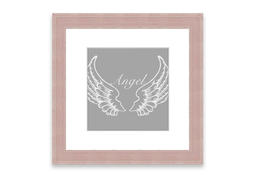 Framed print of angel wings in grey and white, elegantly designed and ready to hang.