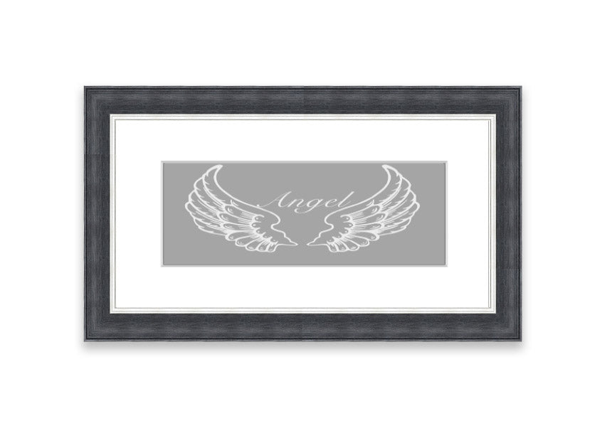 Framed print of angel wings in grey and white, elegantly designed and ready to hang.