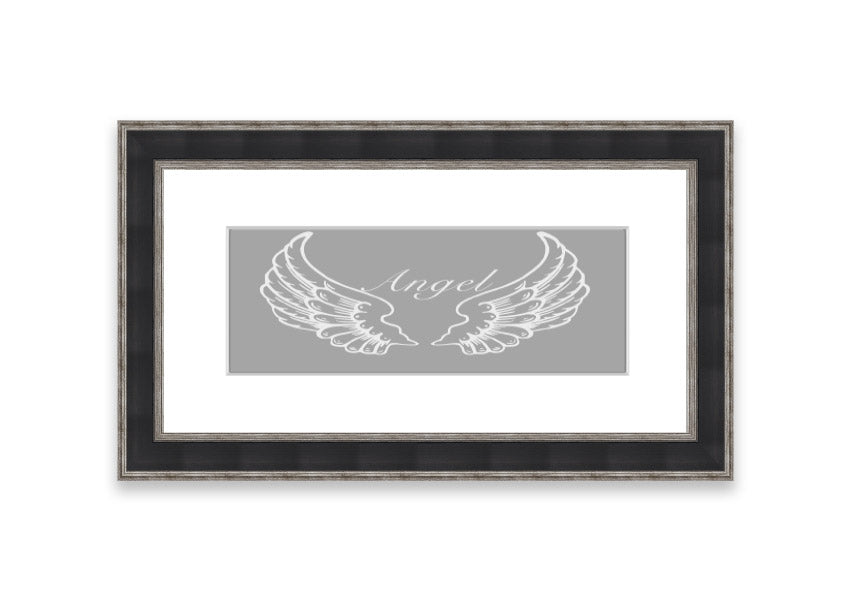 Framed print of angel wings in grey and white, elegantly designed and ready to hang.