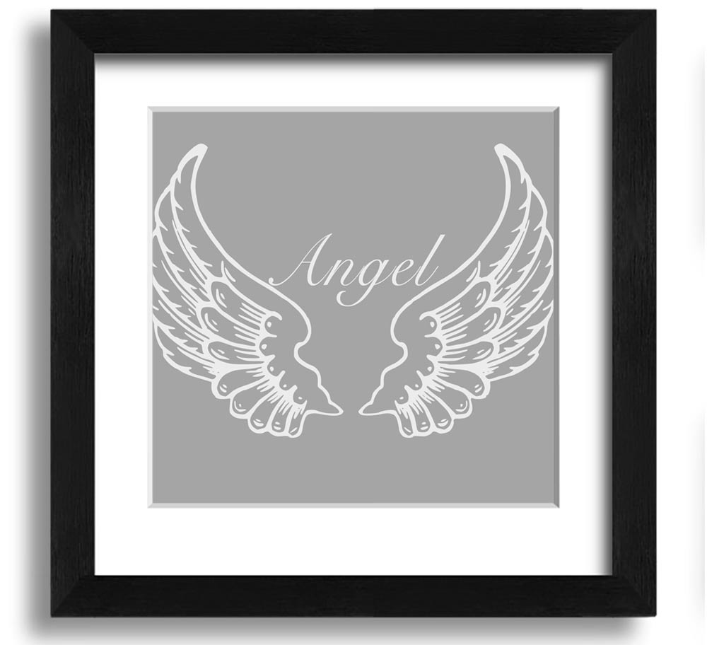 A beautifully framed square print of angel wings in grey and white, showcasing elegant design and craftsmanship.