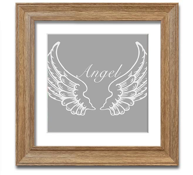 A beautifully framed square print of angel wings in grey and white, showcasing elegant design and craftsmanship.